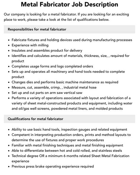 sheet metal supervisor job description|sheet metal fabrication job duties.